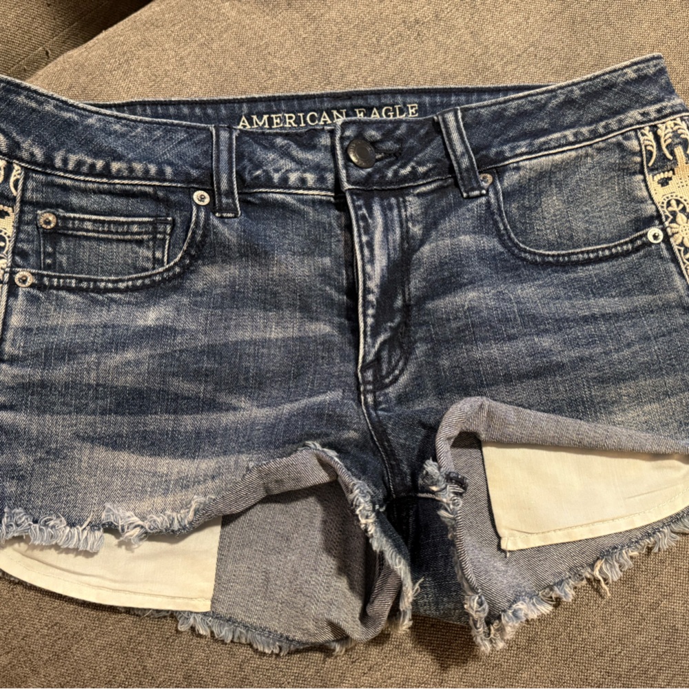 American Eagle Outfitters Blue Jean Shorts with Distressed Hem